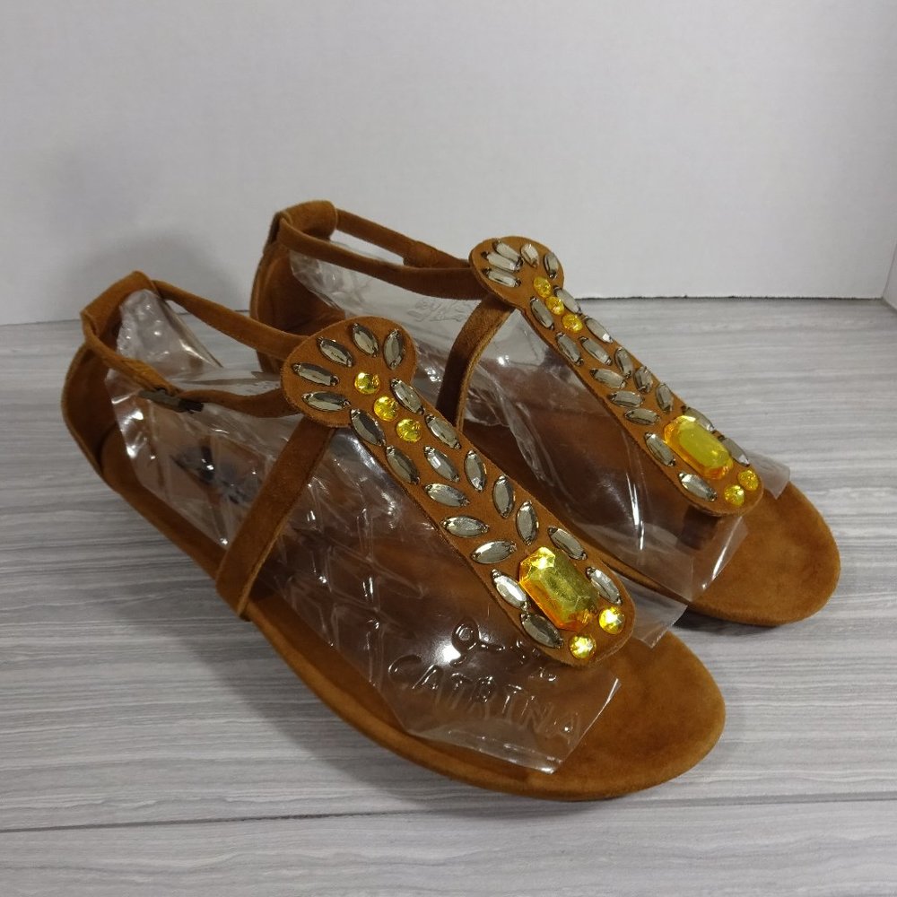 YIN BROWN SUEDE GEM ADORNED TOE THONG SANDALS!